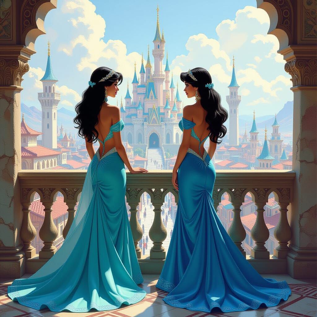Ariel and Jasmine on Balcony, as Fantasy Oil Painting