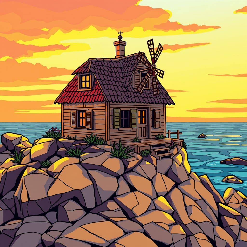 Dreamlike Coastal Cottage in Golden Hour Sunlight