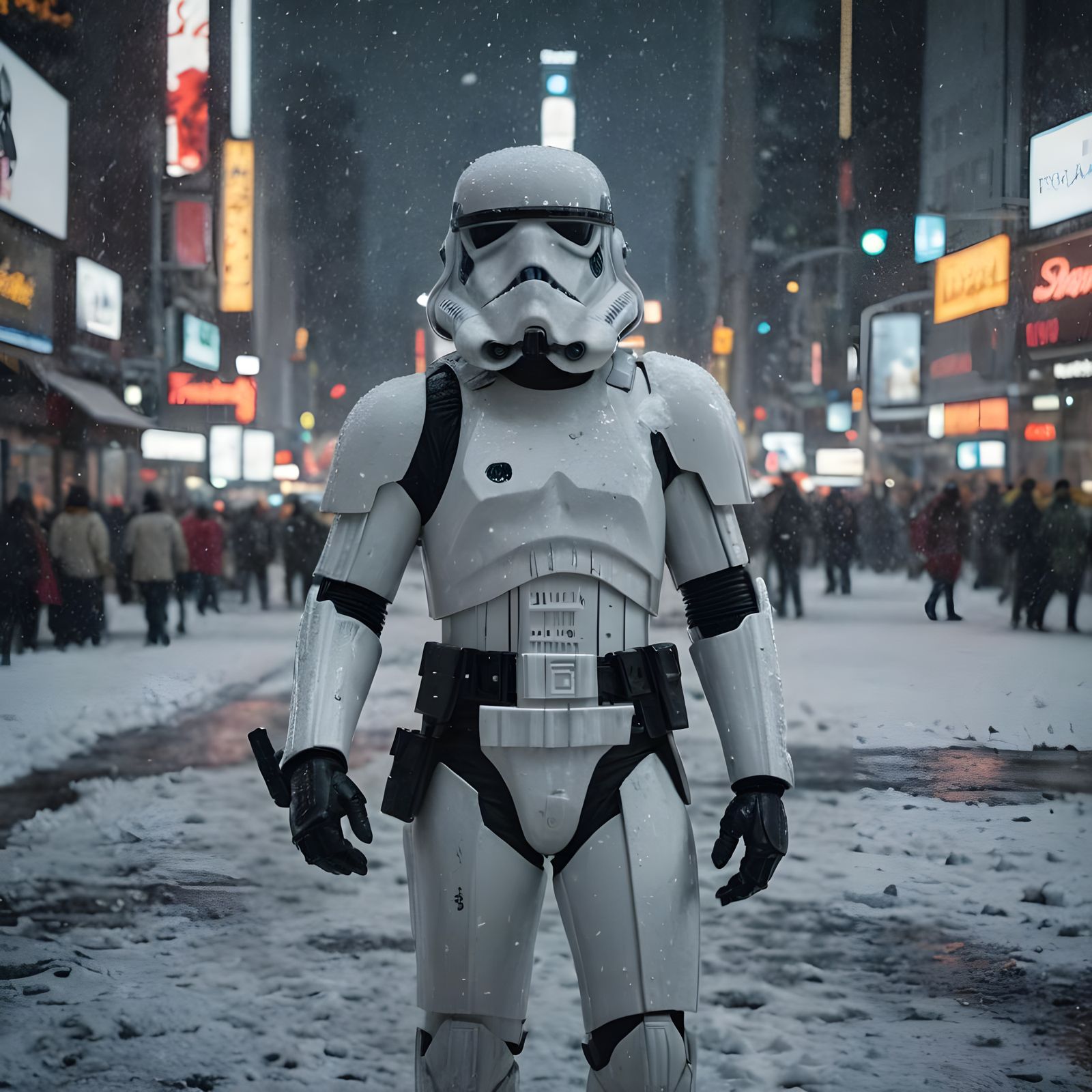 Stormtrooper Walks Through Snowy Times Square