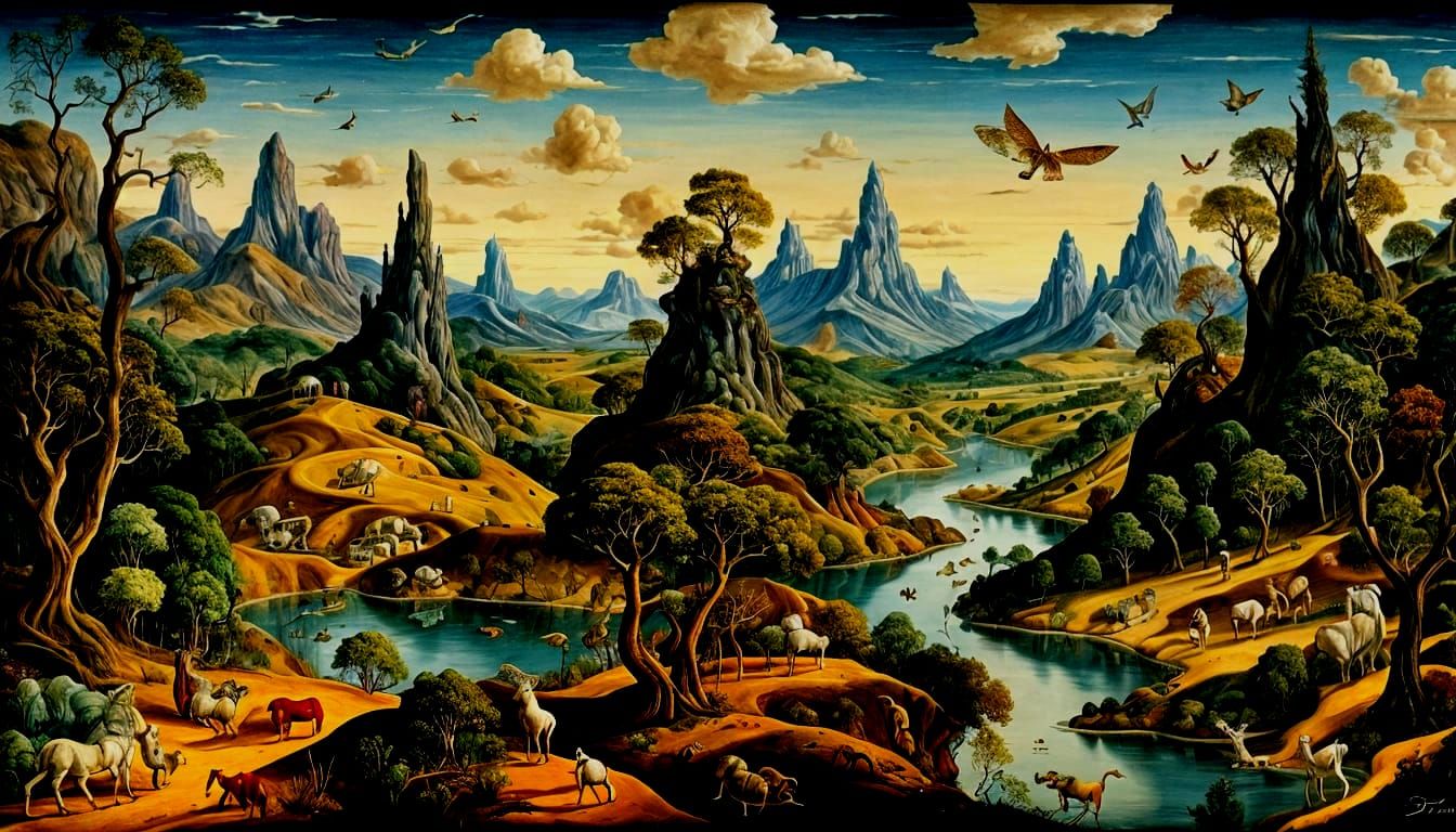 Surreal Dreamscape with Boschian Beasts and River