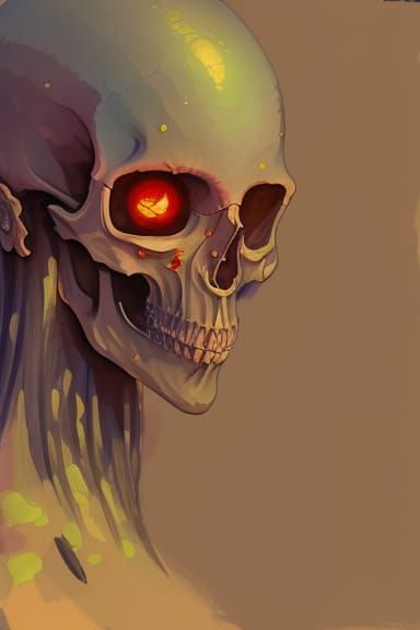 Skull with Hair in Gouache Watercolor Style