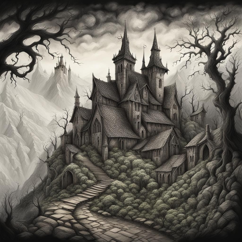 Gothic Village in Charcoal Drawing Style