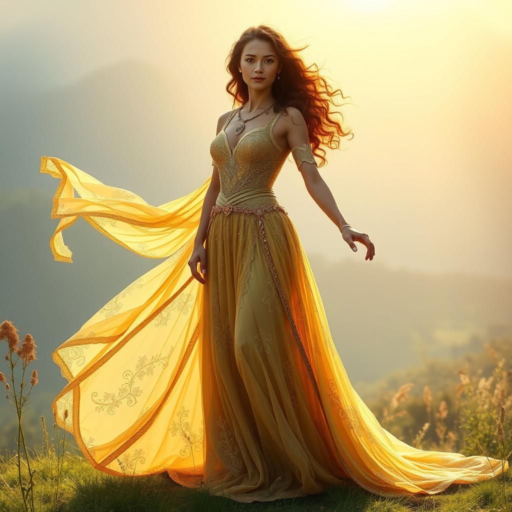 Fearless Knight in Flowing Golden Dress