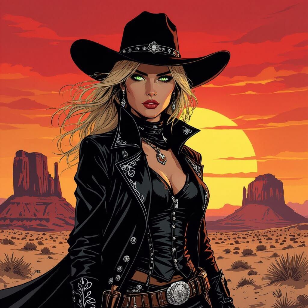 Female Gunslinger in Desert Sunset, Inspired by Graphic Nove...