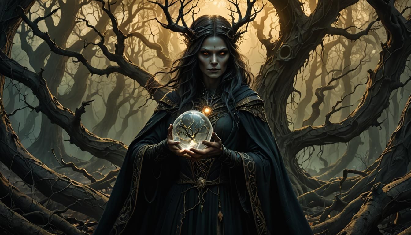 Sorceress in Mystical Forest with Crystal Ball