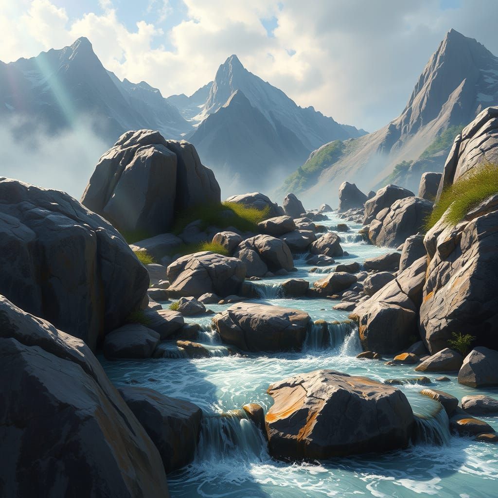 Mountain Streams Flowing After Spring Haze