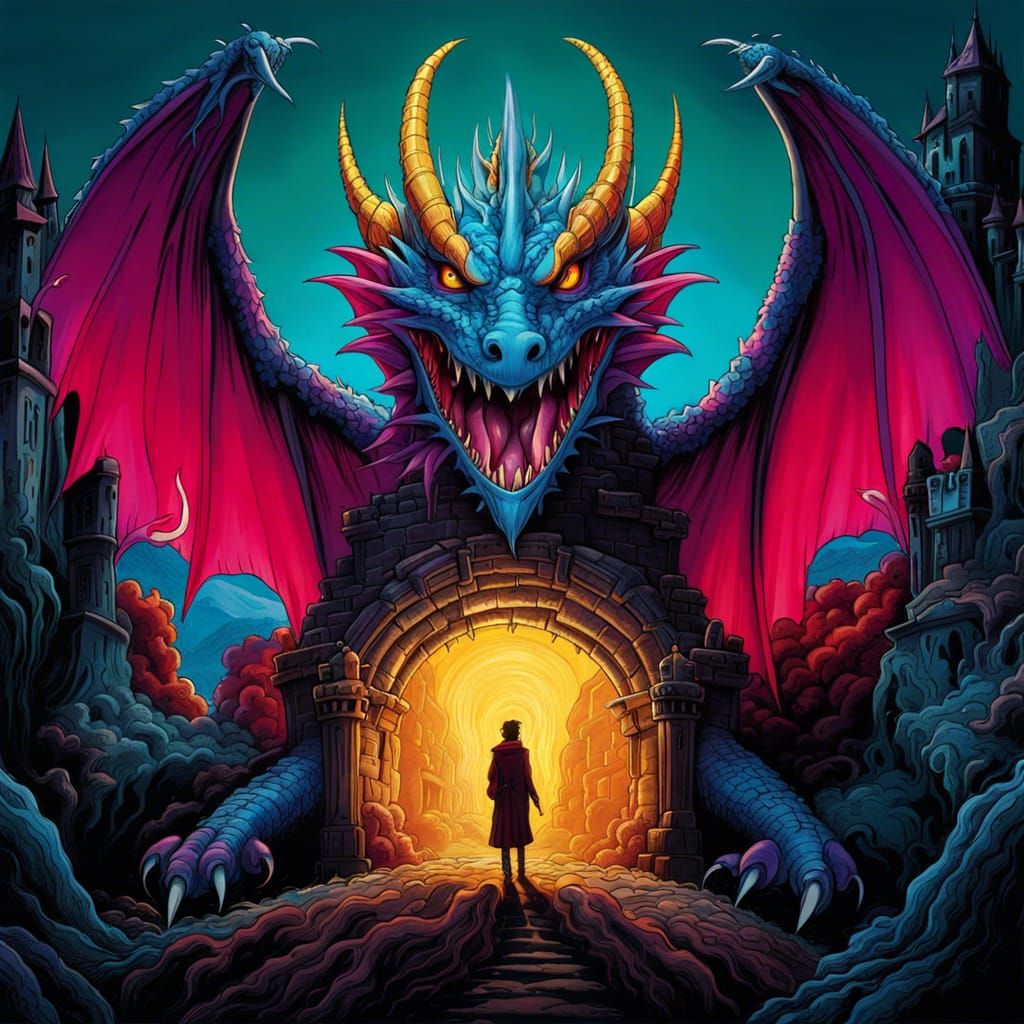 Psychedelic Dragon with Castle, Surreal Concept Art