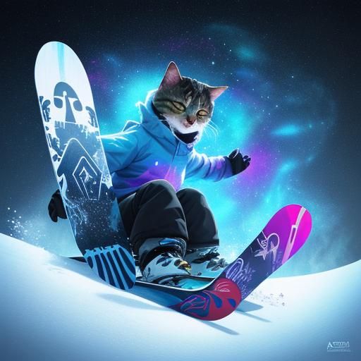 Snowboarding Cat in Holographic Cosmic Style