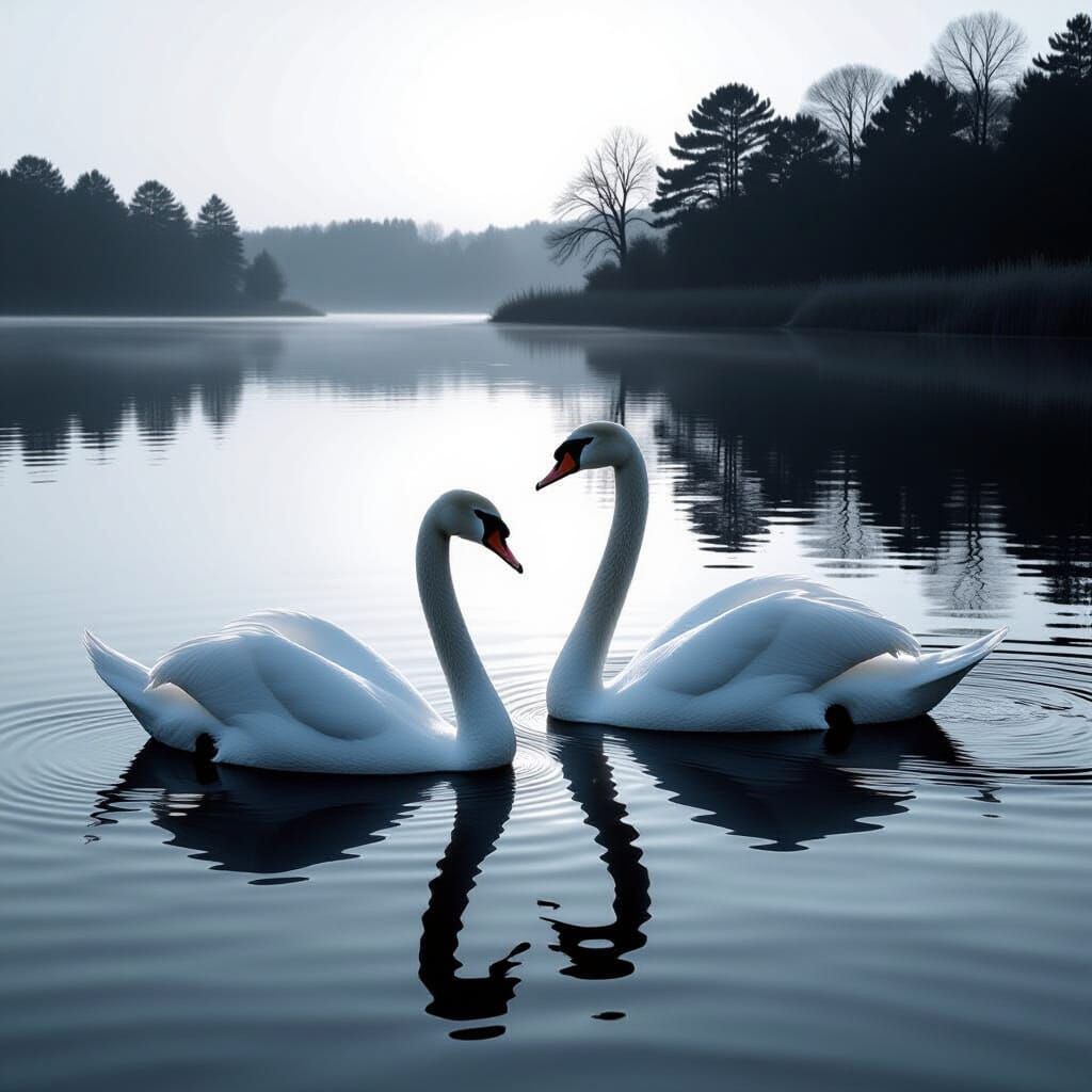 Swans in Romantic Chiaroscuro Black and White