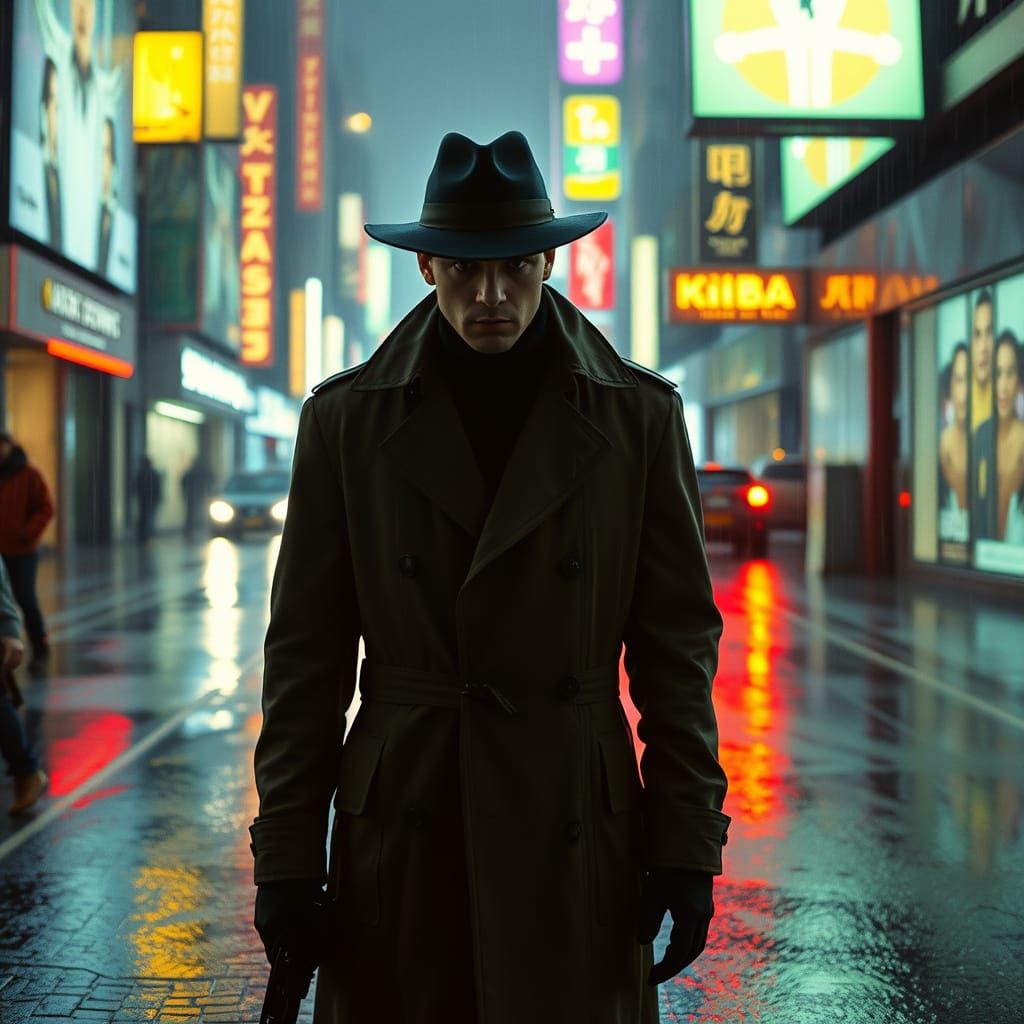 Cyberpunk Detective in Neon Noir Cityscape