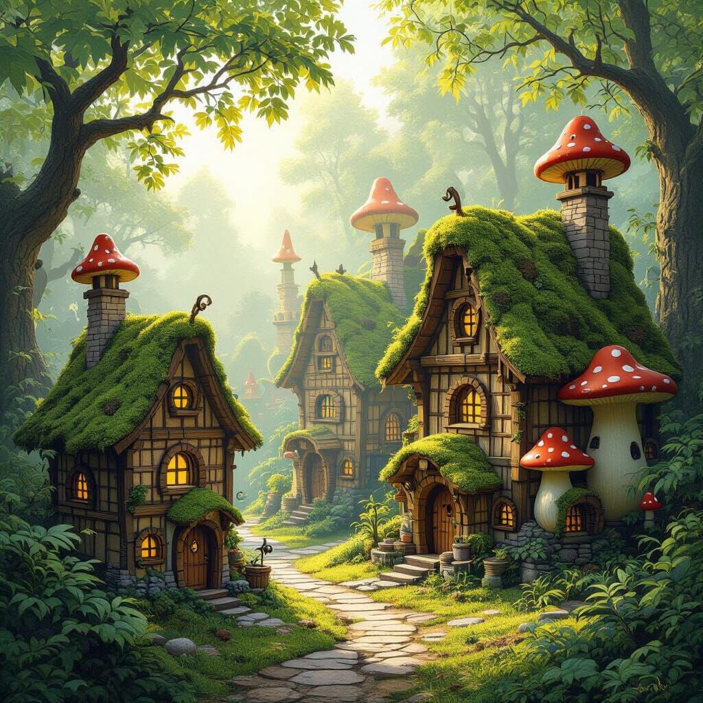 Wooden Block Village in Golden Sunlight