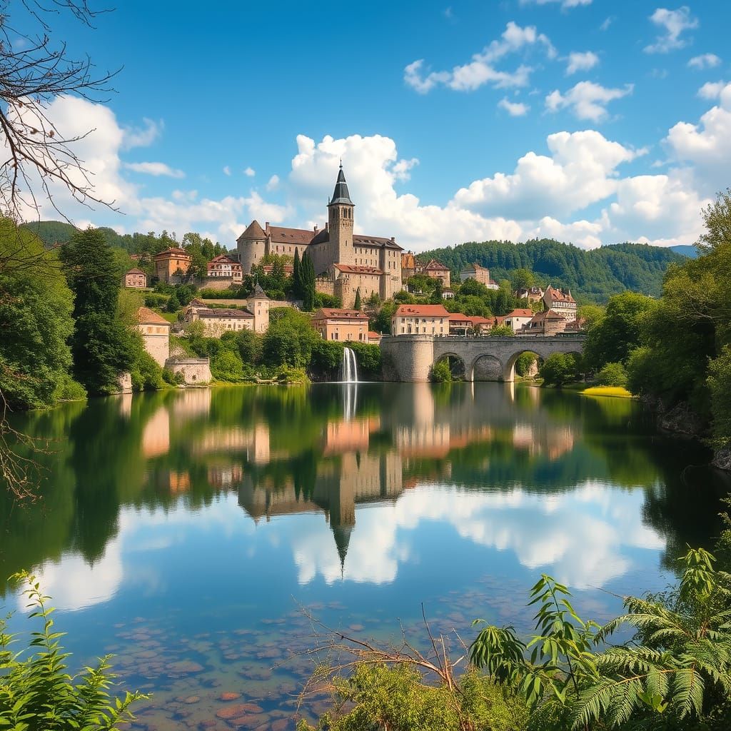 Medieval Lake Oasis with Waterfall
