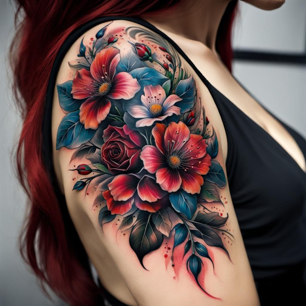 Floral Neck Tattoo in Neo Traditional Style