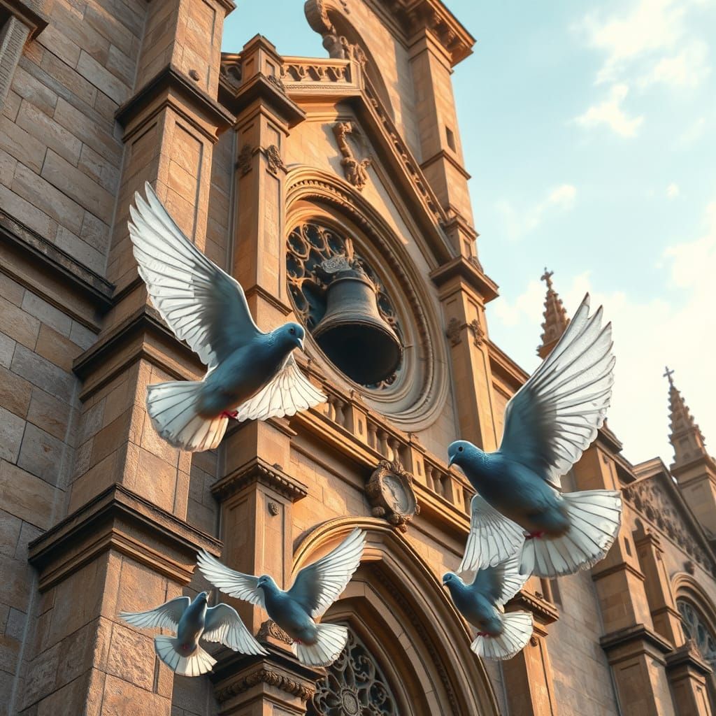 Doves Soar Near a Golden Gothic Church Bell