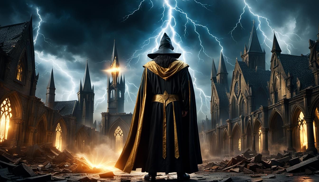 Wizard Creates Lightning Storm in Gothic Town