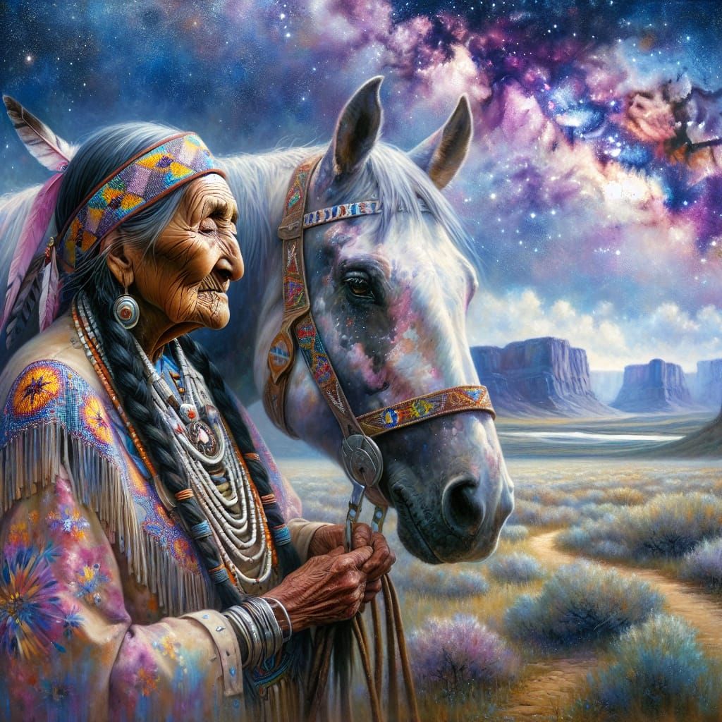 Impasto Oil Painting of Elderly Native American Woman and Ho...