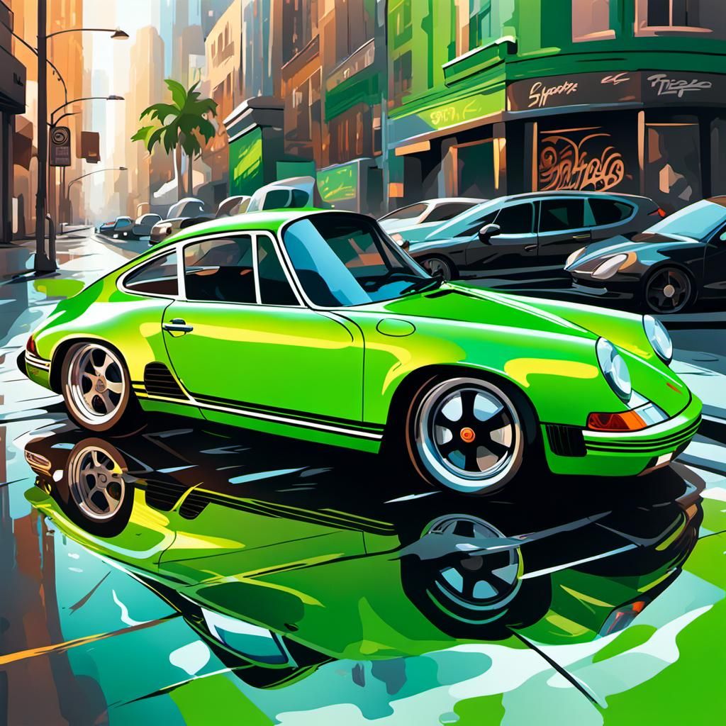 Green Porsche Sports Car in Vector Style