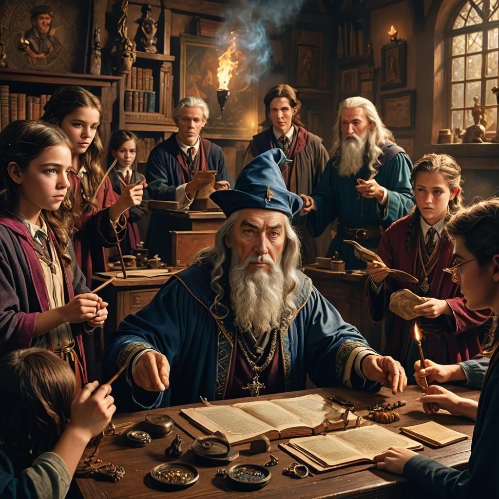 Wizard Instructs Pupils in Art of Spellcasting