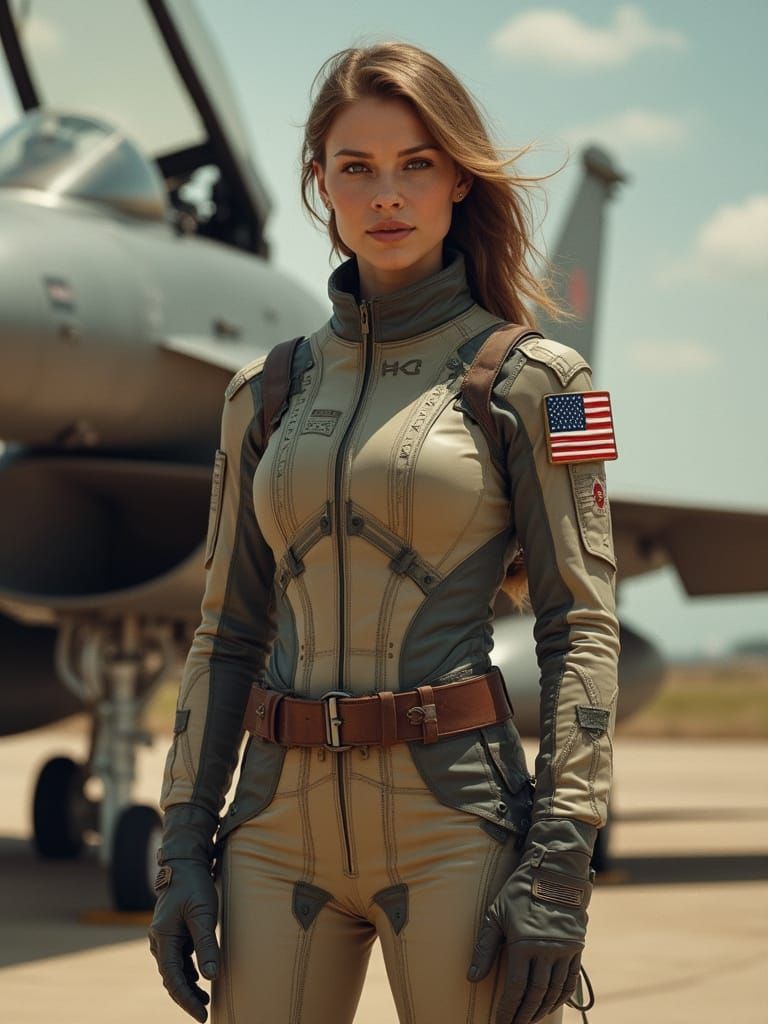 Futuristic Space Suit Pilot in Front of F-16 Fighter Jet