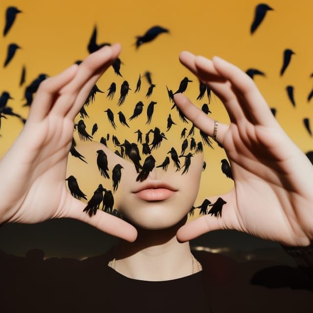 Creepy Portrait of Woman Covered in Crows in Vaporwave Style