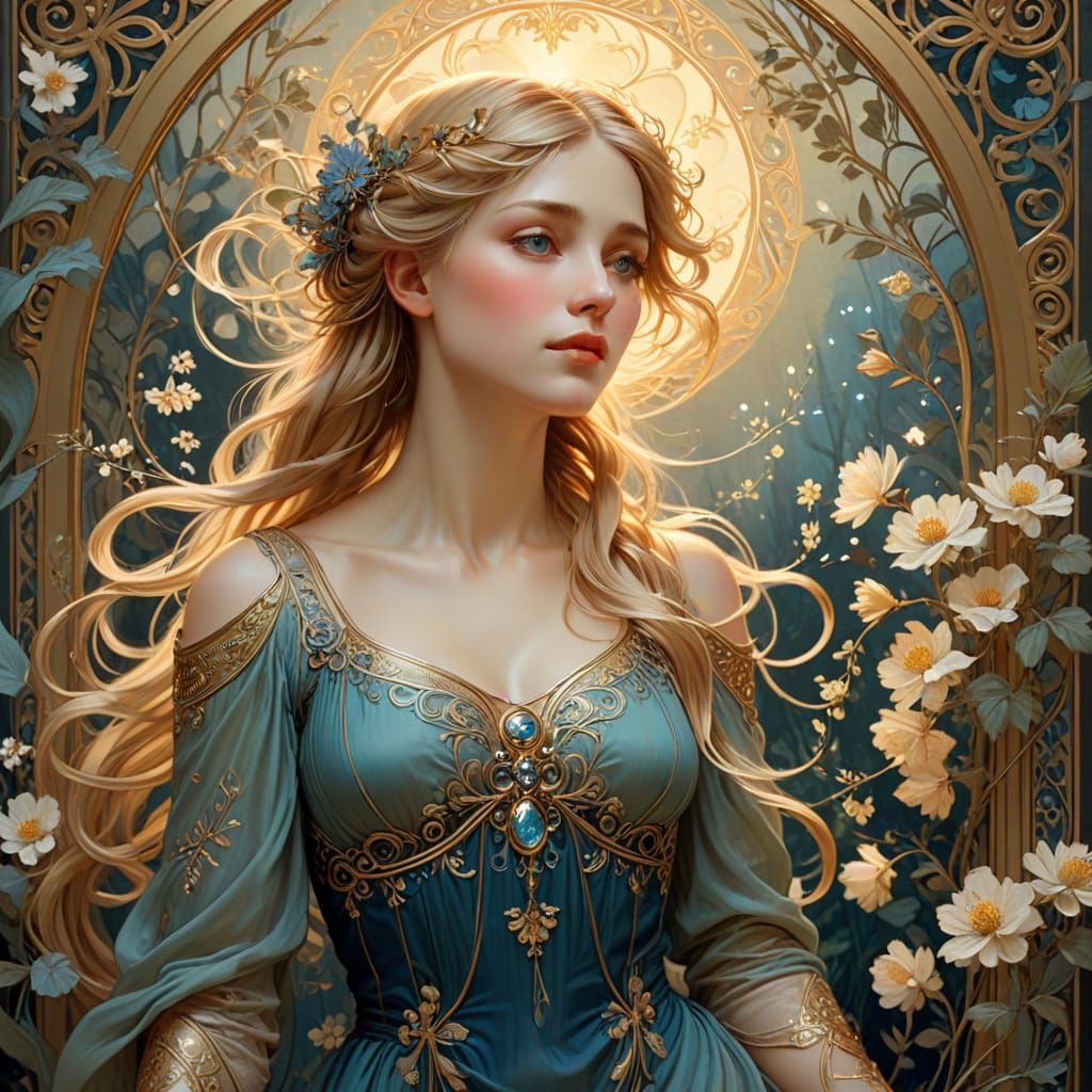 Art Nouveau Woman in Garden with Golden Lights