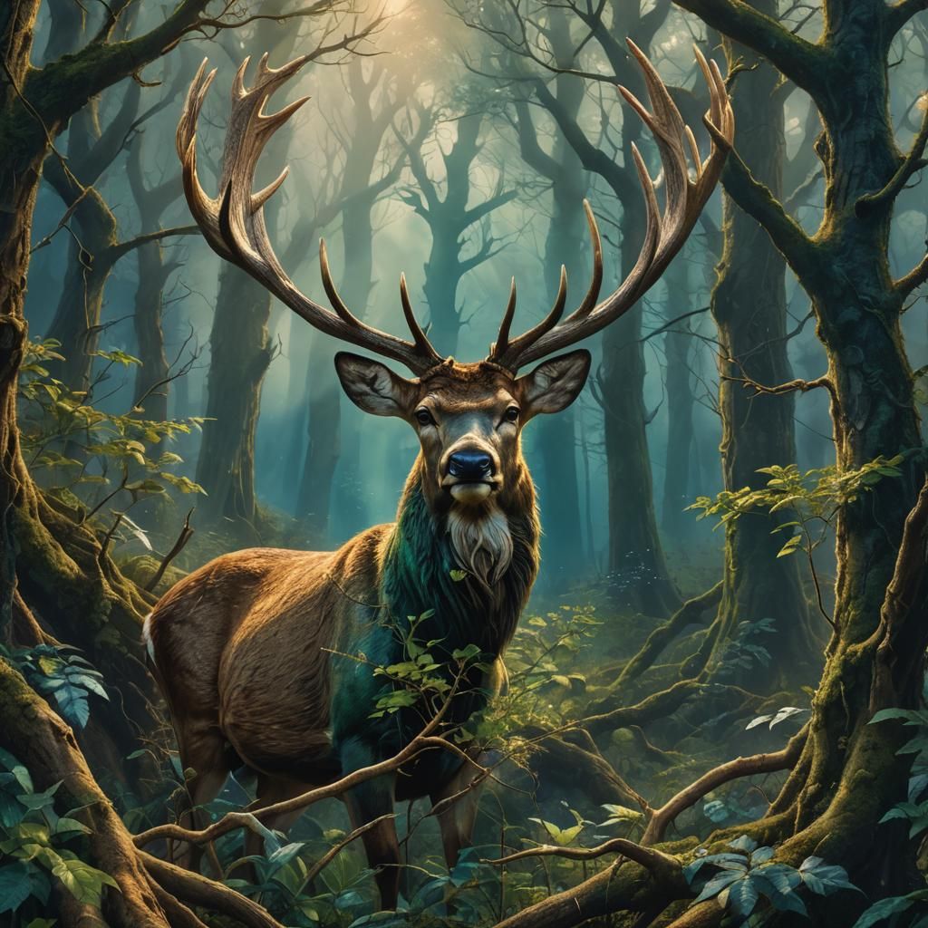 Mystical Deer in Emerald Forest: Fantasy Concept Art