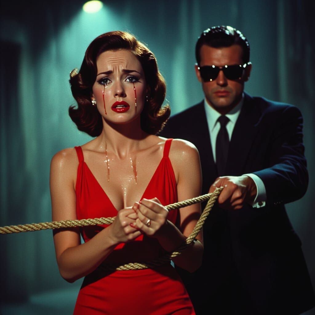 1970s Woman in Red Dress, Hands Tied, Film Noir Style