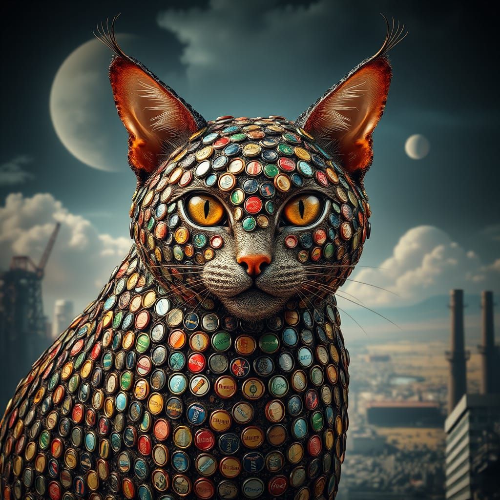 Majestic Feline Sculpture Made from Intricately Arranged Bot...