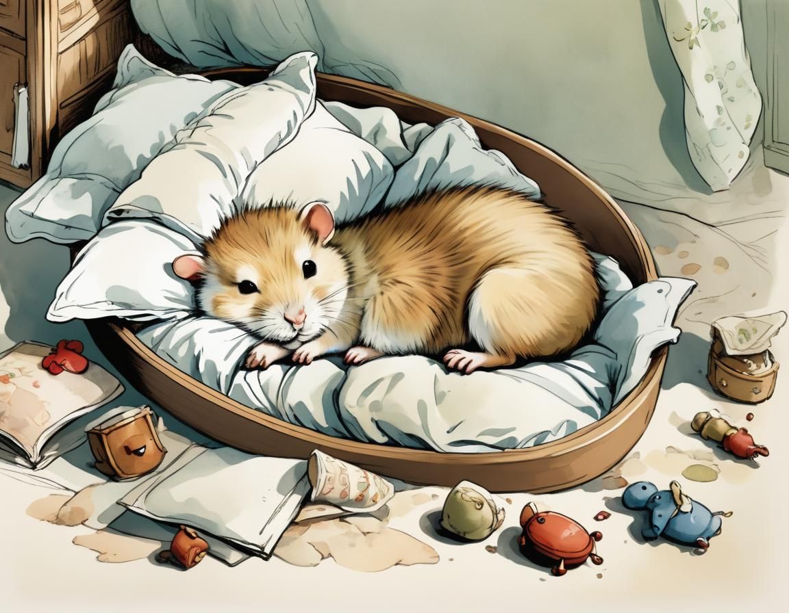 Gerbil Sleeping in Bed, Caldecott Style