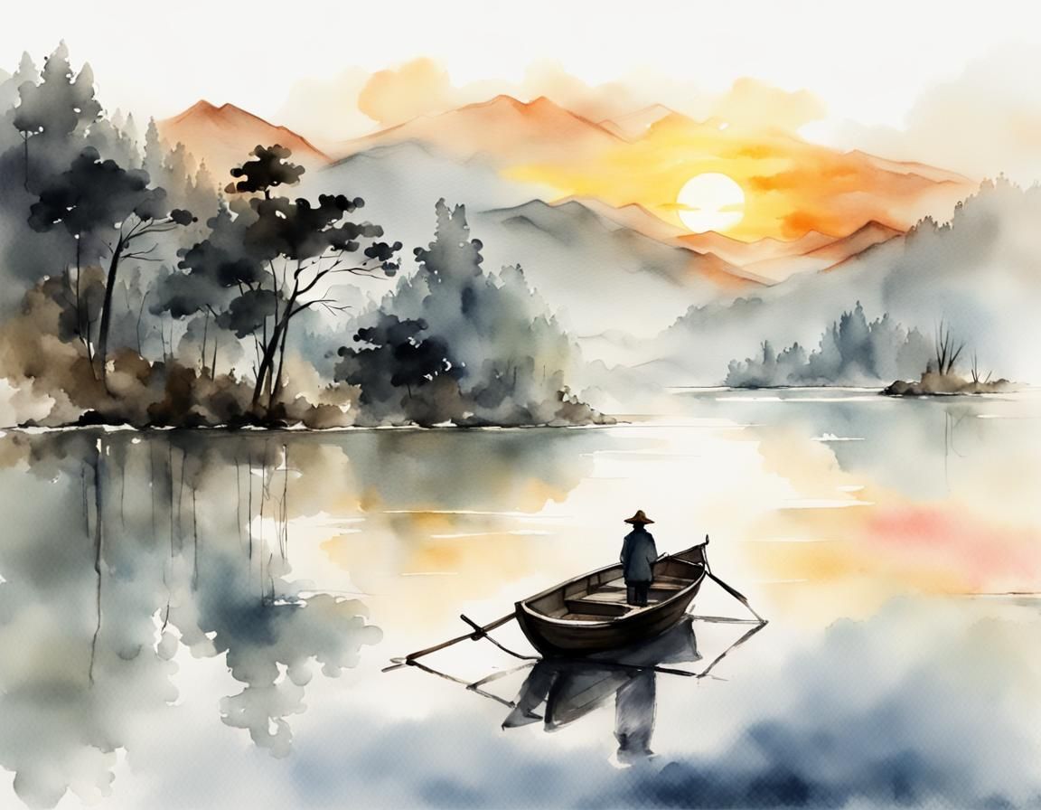 Chinese Landscape Painting: Sunset on Misty Lake