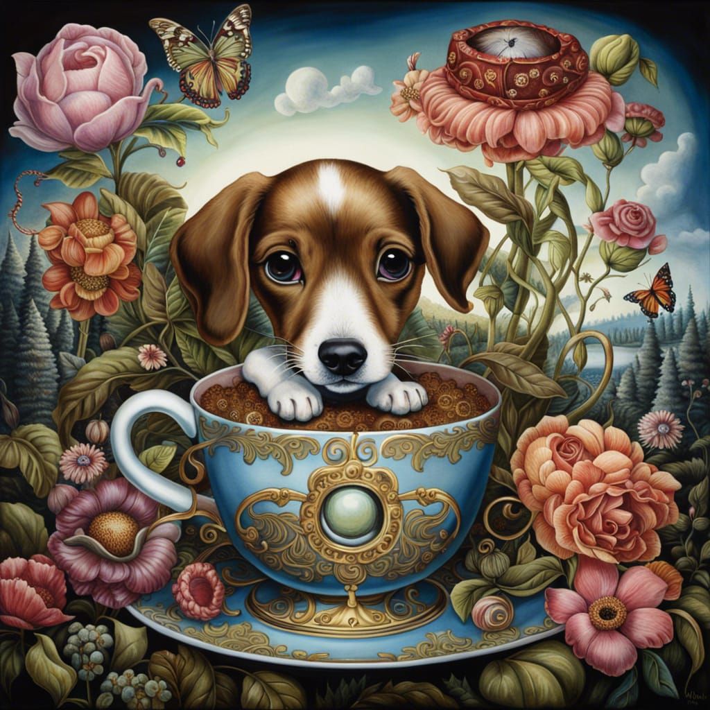 Puppy Sipping Coffee in Surreal Landscape