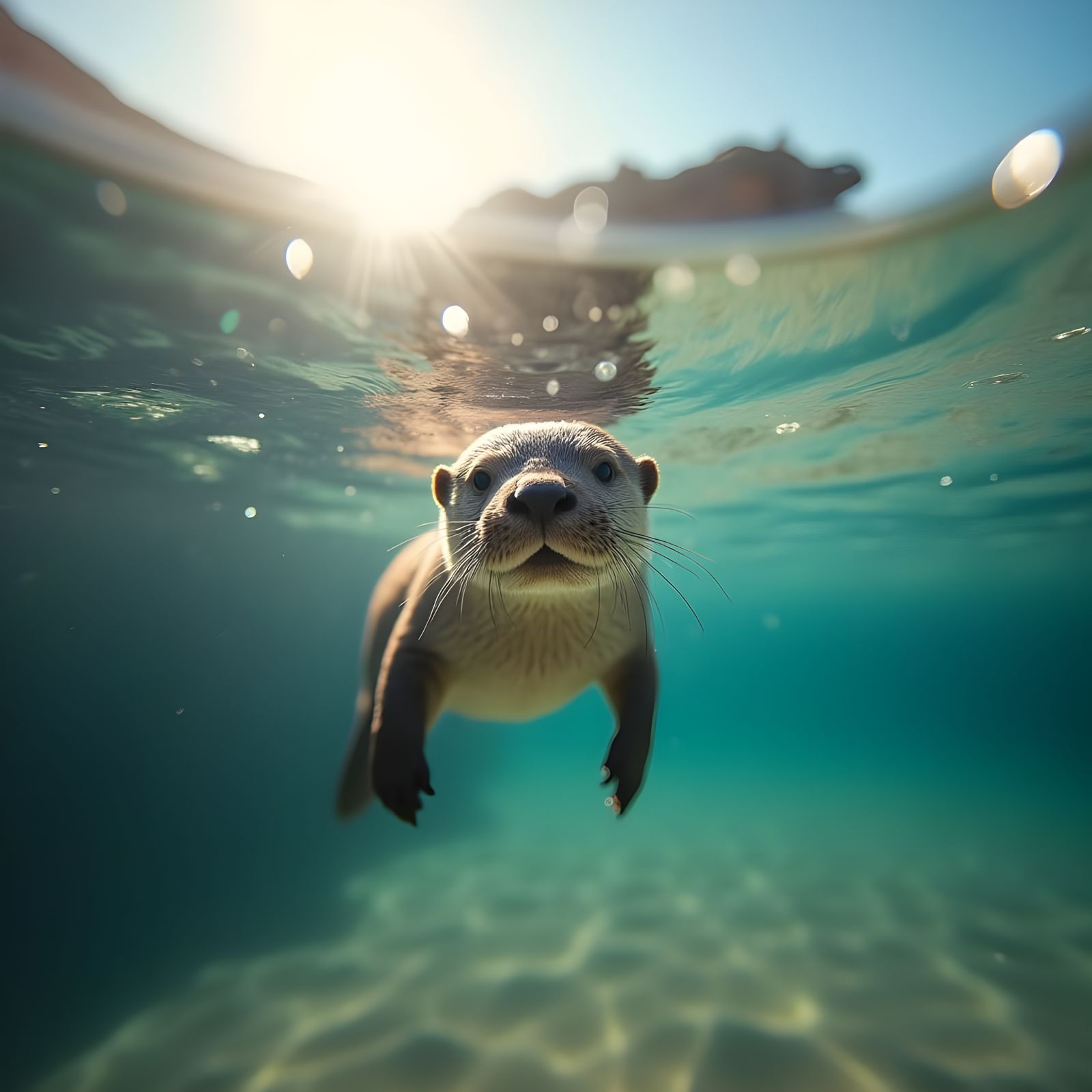 Underwater Otter in Shimmering Sunlight
