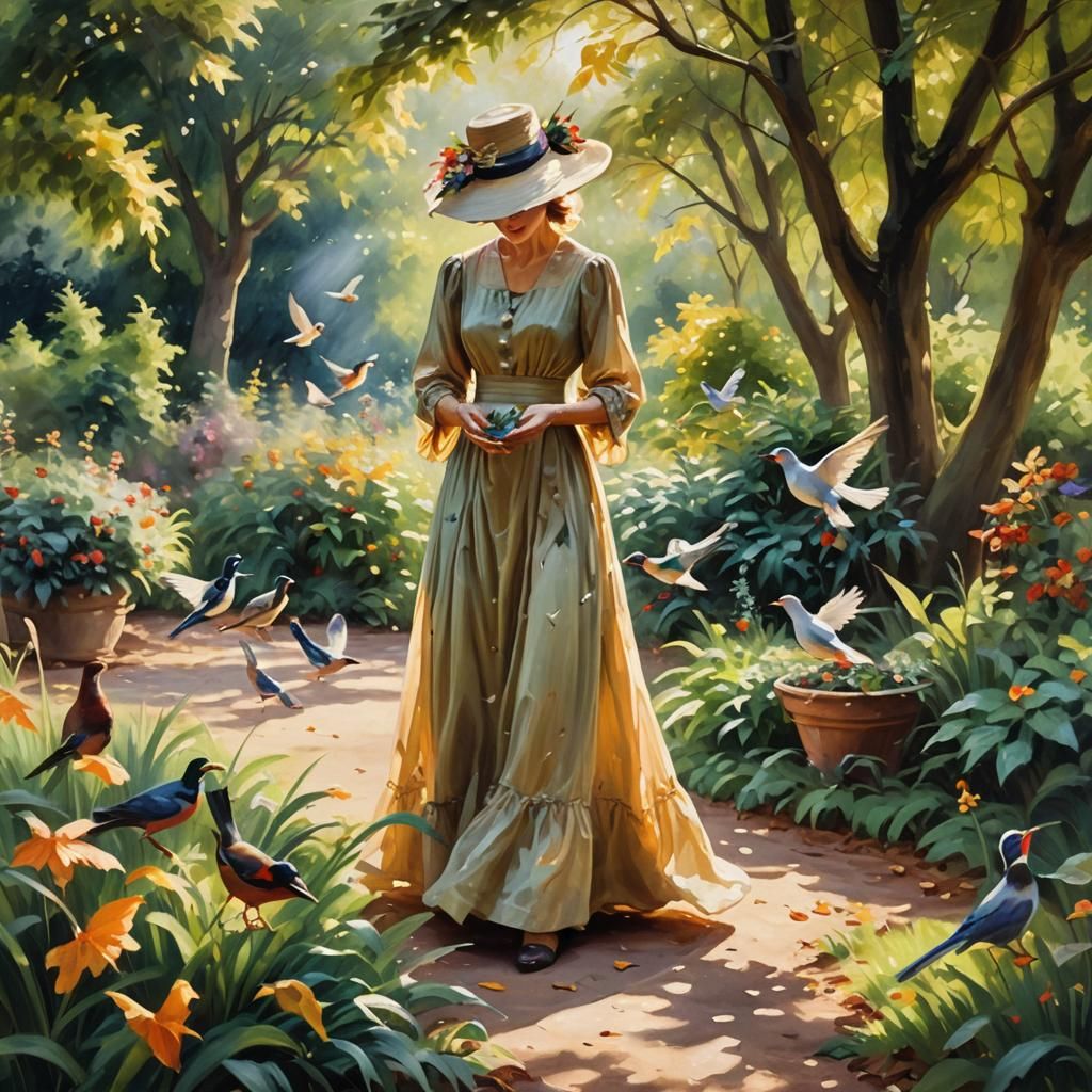 Impressionist Woman Feeds Birds in Garden