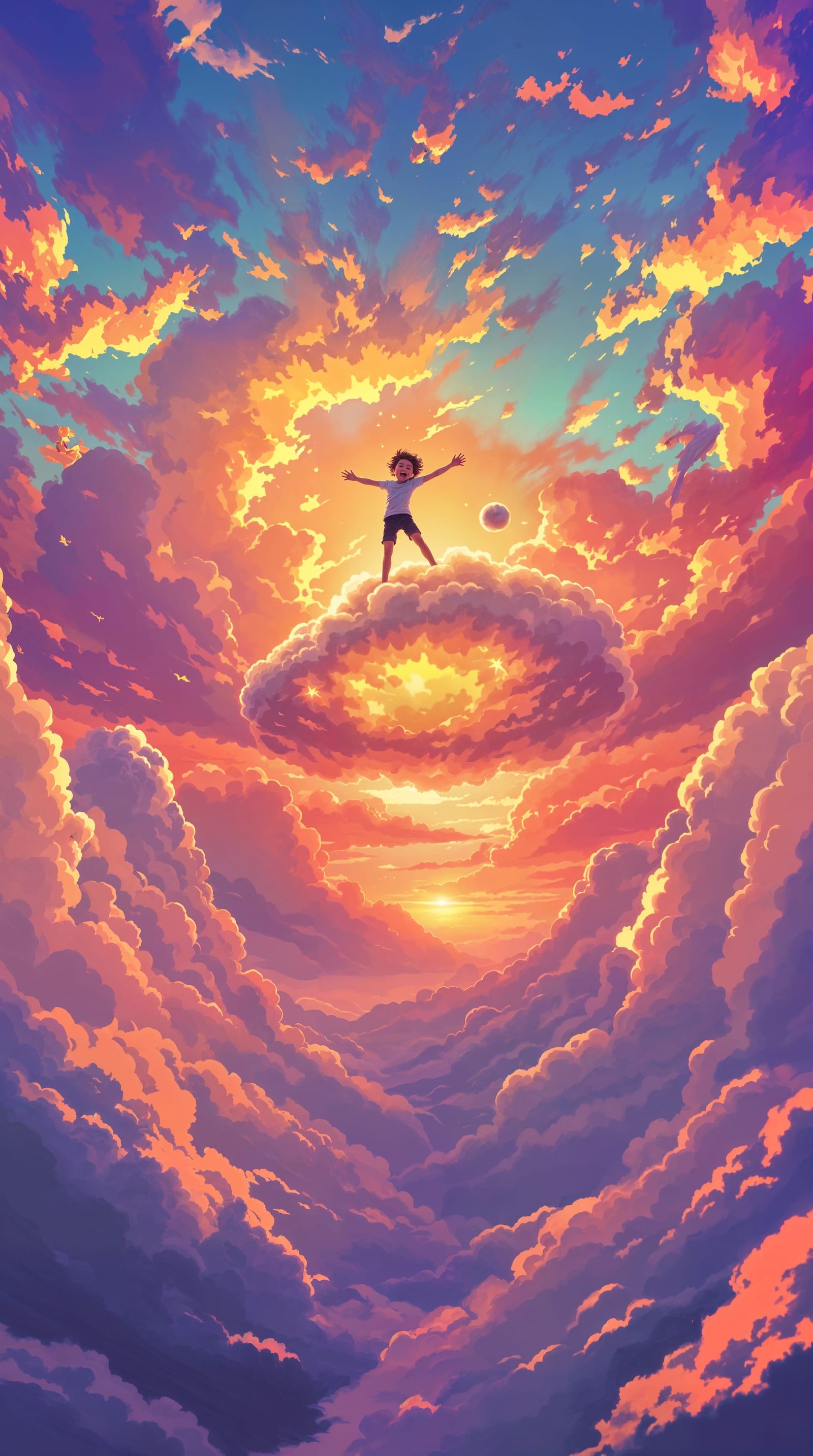 Joyful Cloud Rider in Vibrant Sunset