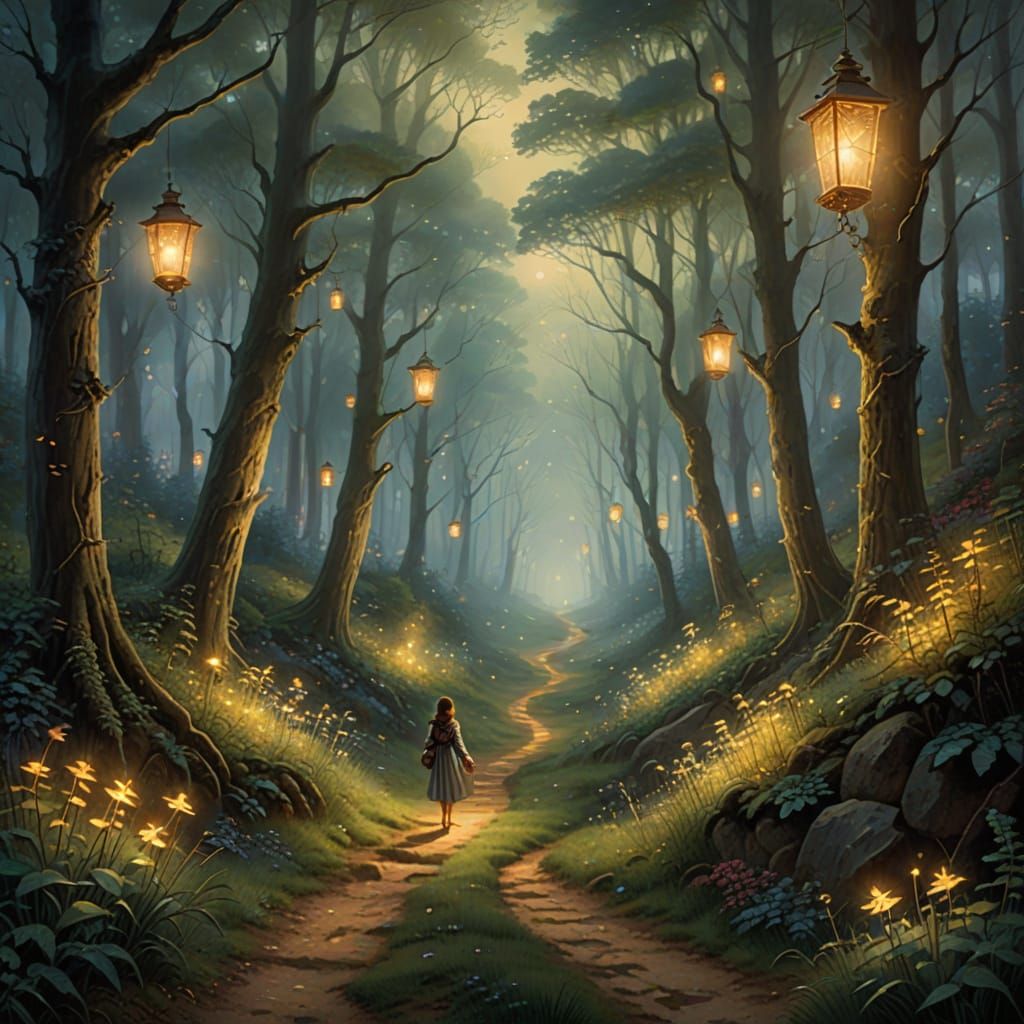 Ethereal Lantern-Lit Forest Path at Night