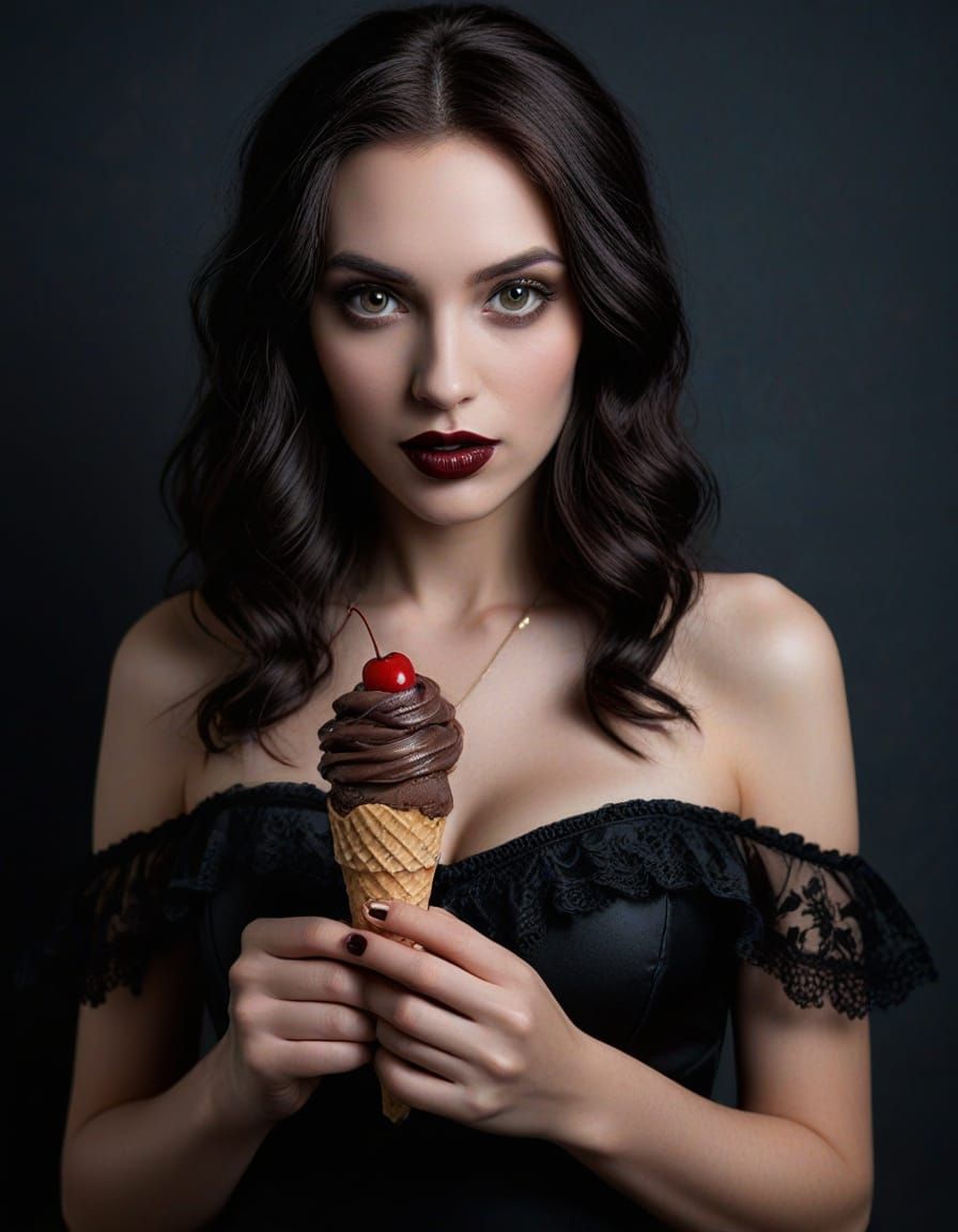 Gothic Woman with Chocolate Ice Cream at Night