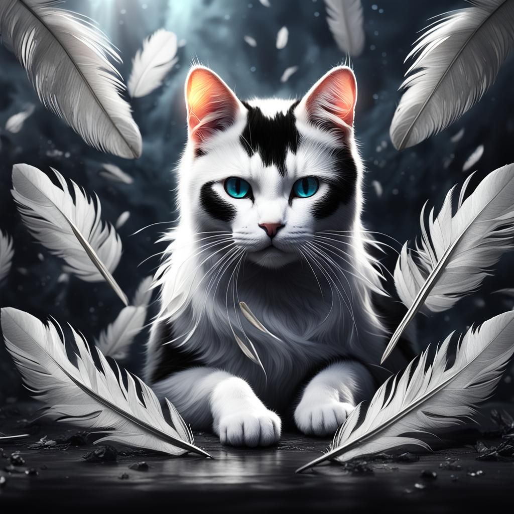 Black and White Cat in Feather Nest