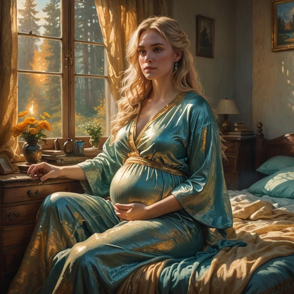 Pregnant Woman in Cozy Room: Fantasy Art Concept