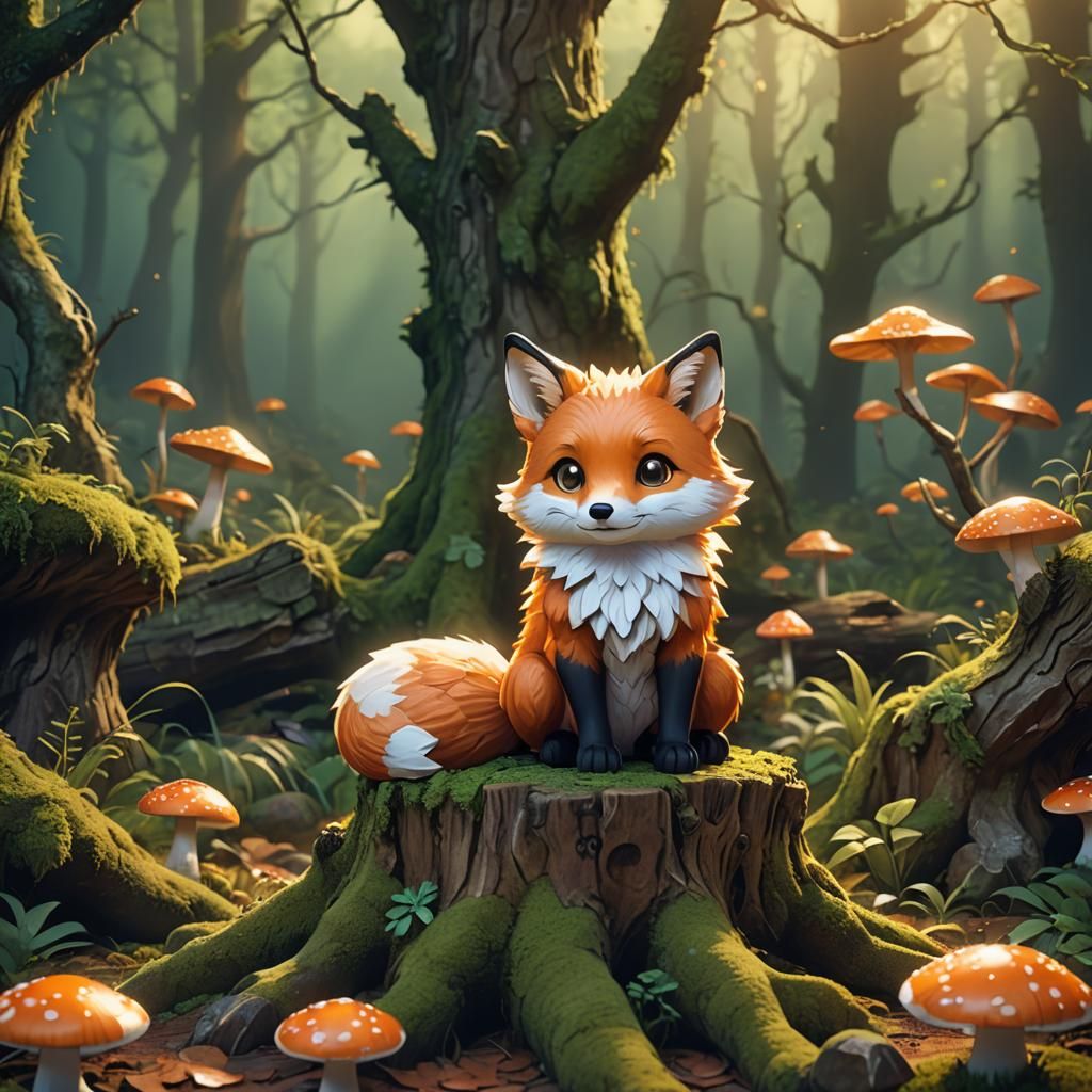 Chibi Fox on Mossy Stump in 3D Anime Art