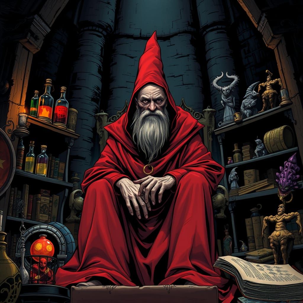 Gaunt Wizard in Crimson Robes in Magic Tower