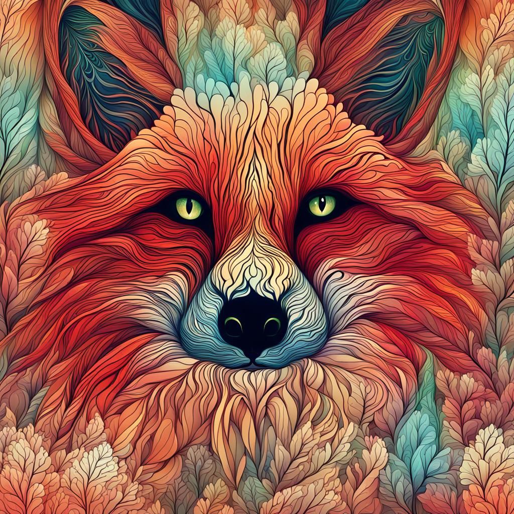 Mystical Red Fox in Zentangle Style