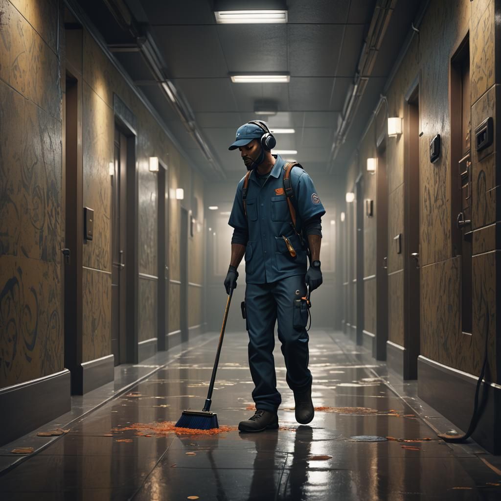 Detailed Matte Painting of Janitor Mopping Hallway