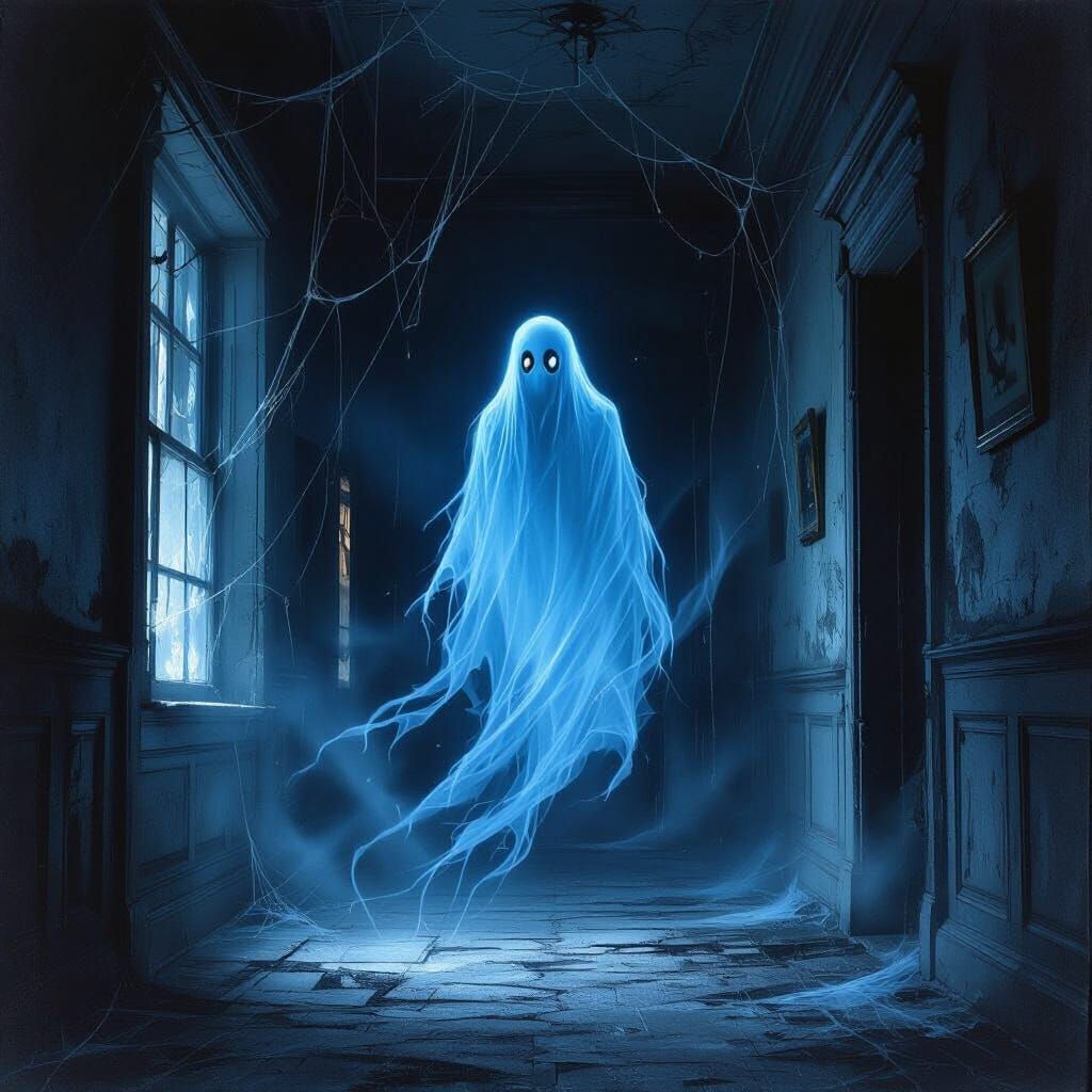 Ethereal Blue Ghost Haunts Decaying Mansion Hallway