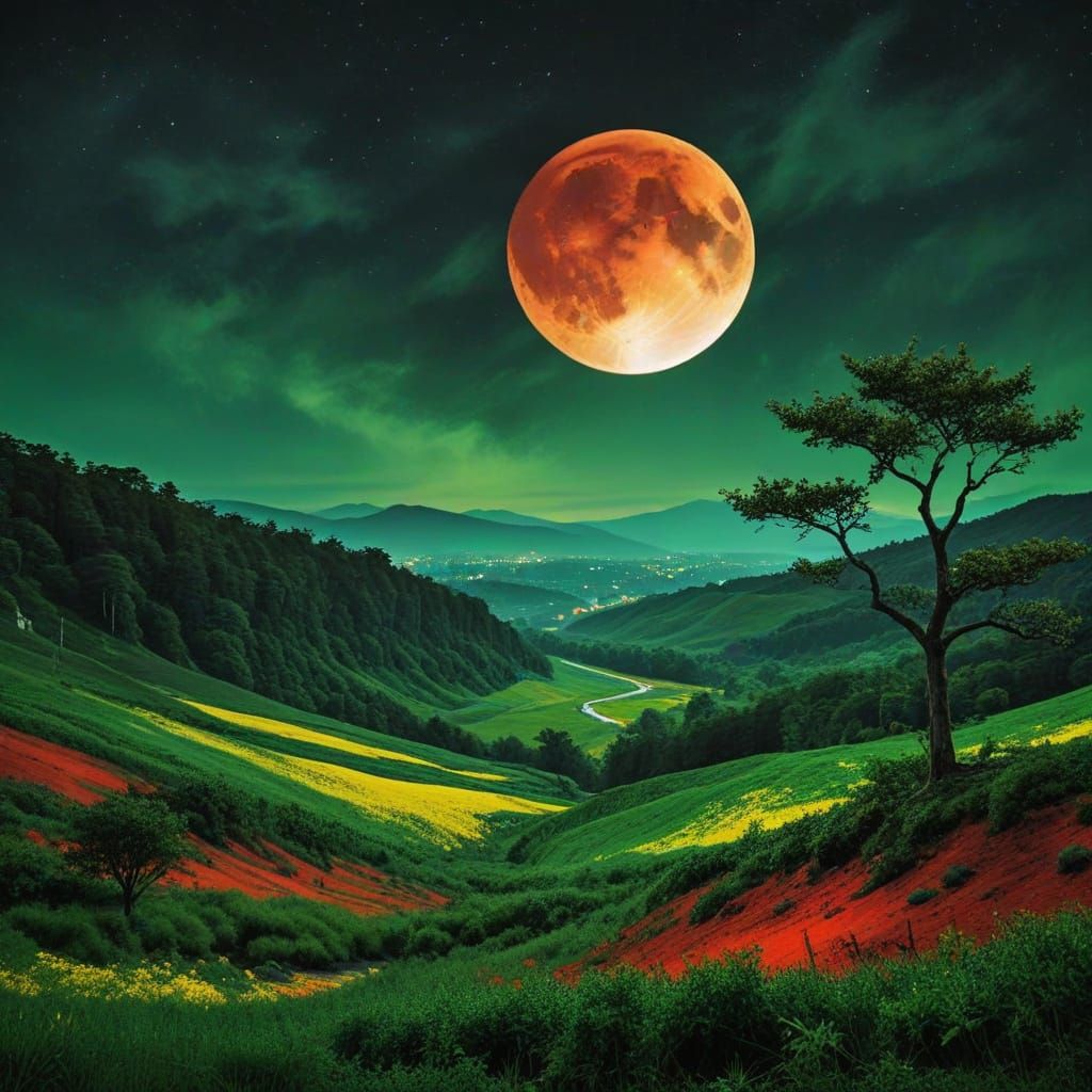 Blood Moon Over Vivid Landscape