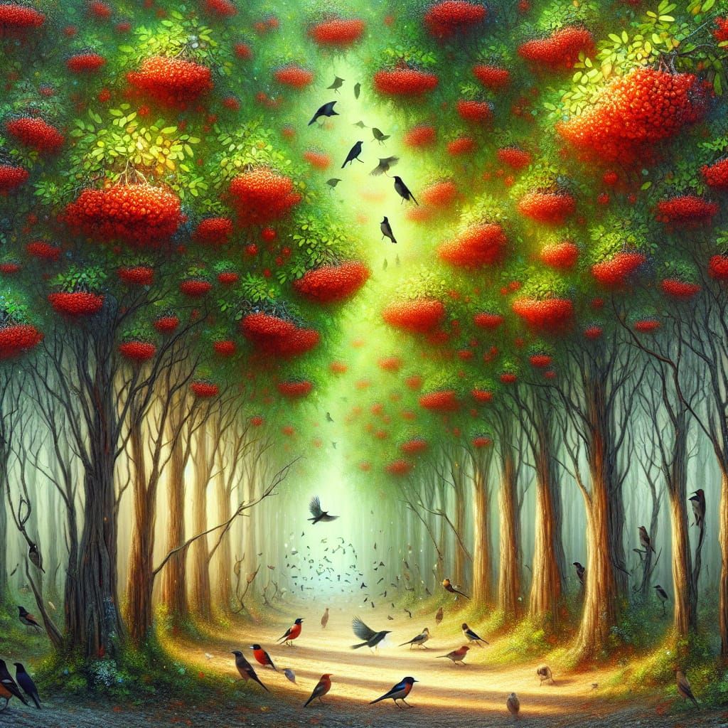 Lush Autumn Landscape with Red Berries and Birds