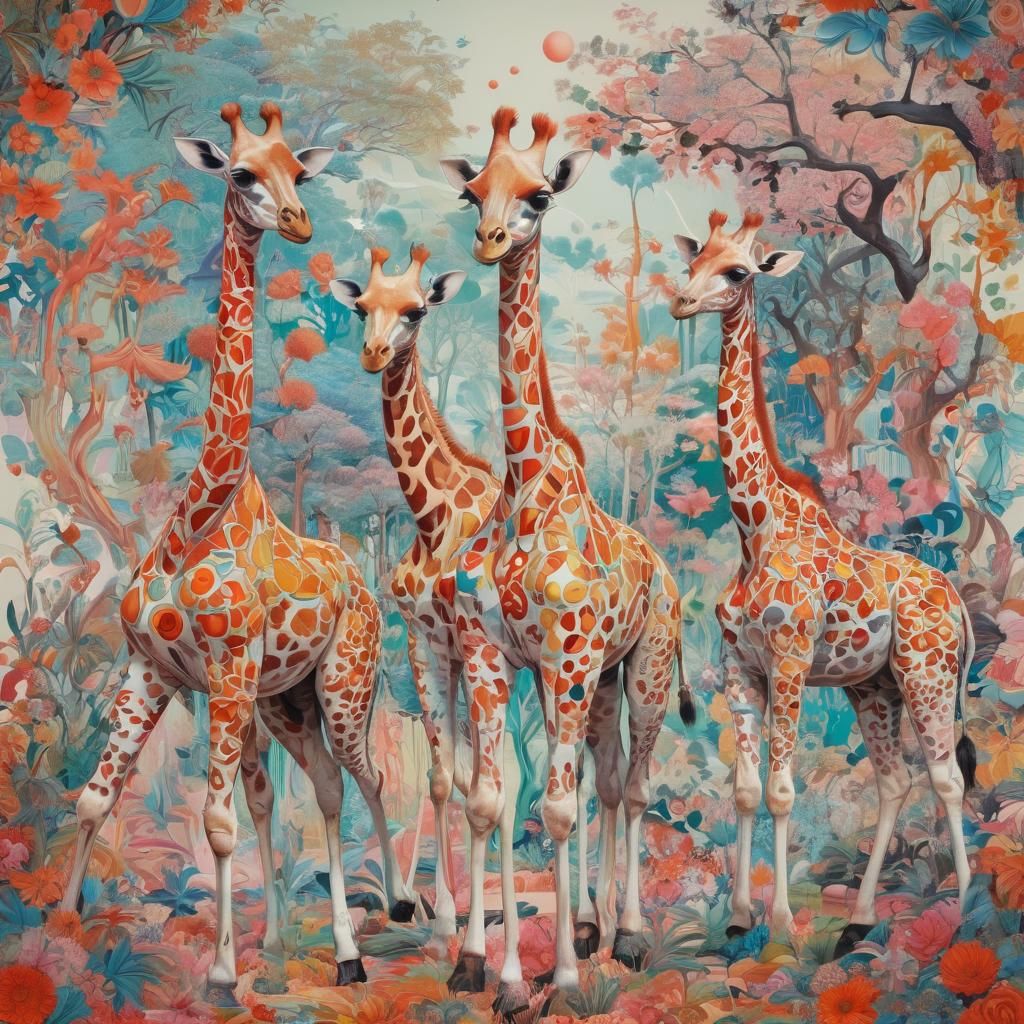 Vibrant Pop Surrealist Silk Scarf with Giraffes