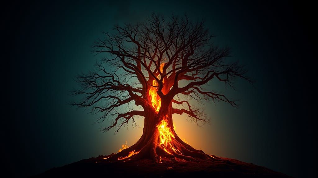 Towering Tree Ablaze with Religious Aura