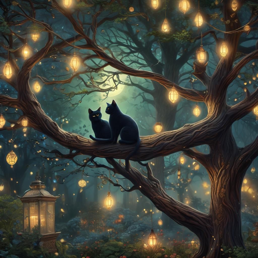 Cats Dancing Under Mystical Tree: Whimsical Concept Art