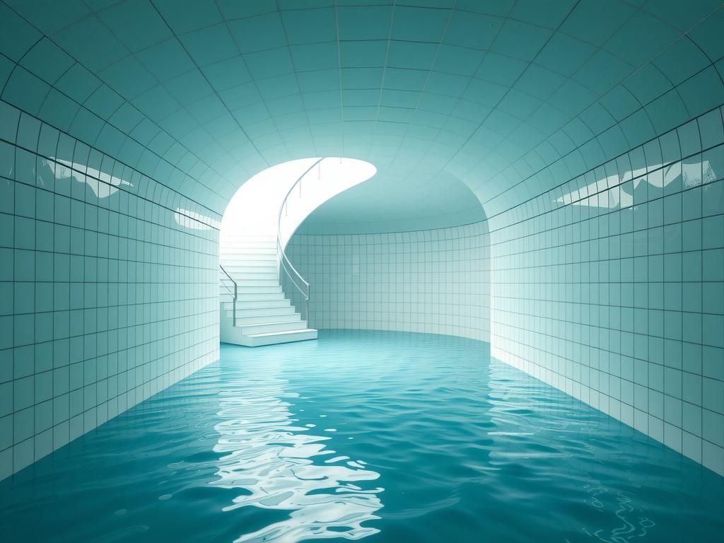 Flooded Stairway in a Liminal Space: 3D Render