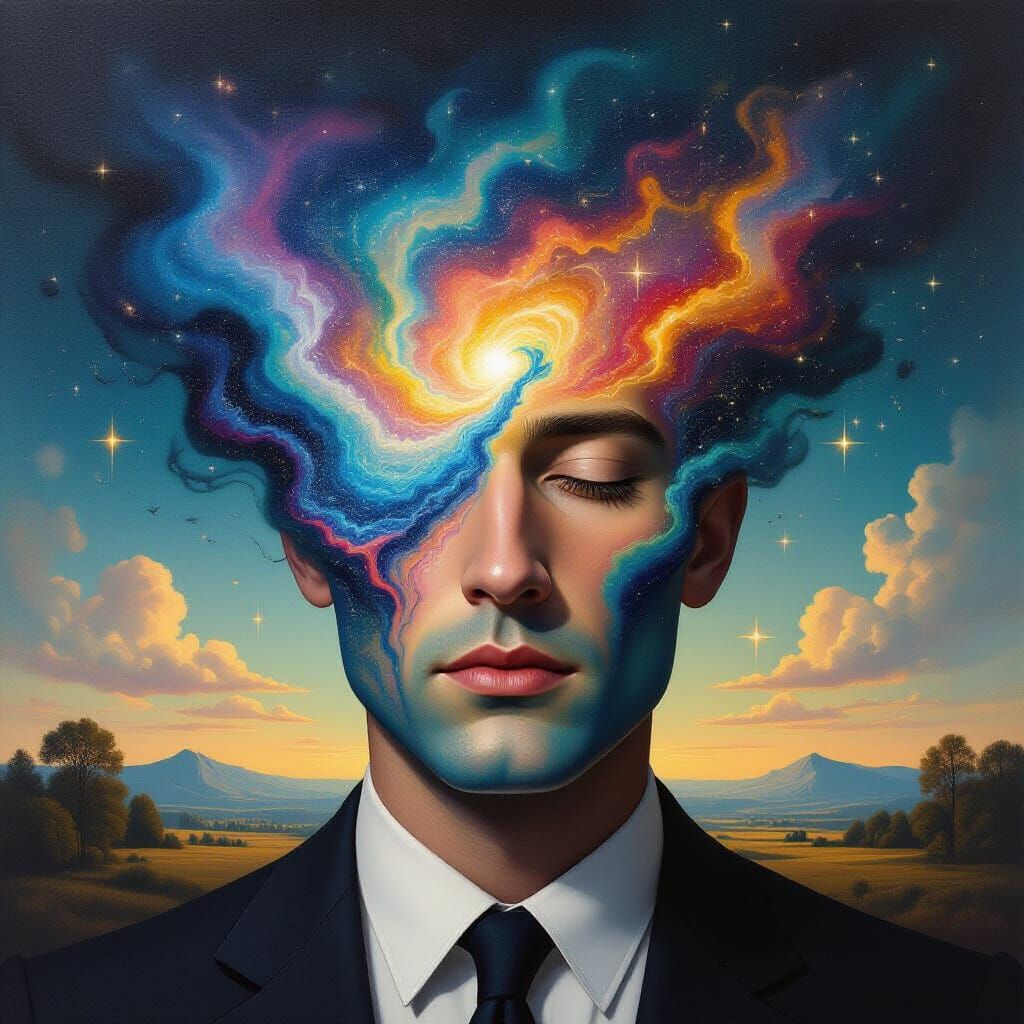 Surreal Self-Portrait Dissolving into Cosmic Nebula